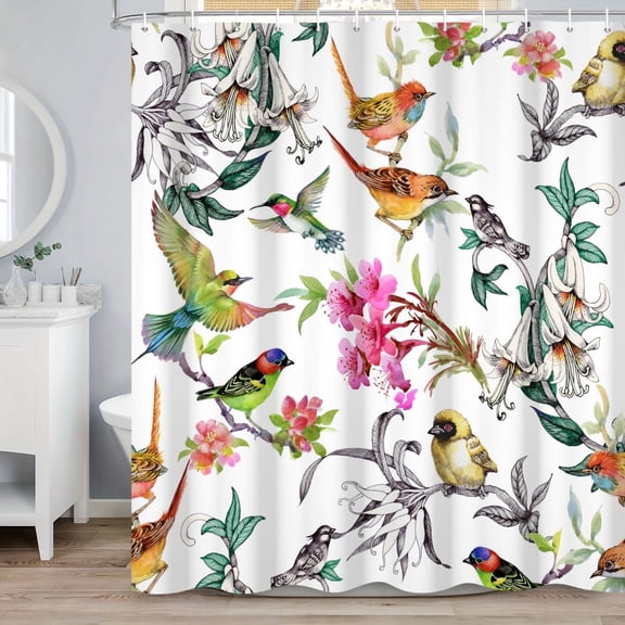 MIZHONA Spring Floral Shower Curtain with Birds Plants and Hummingbirds Bathroom Curtain Decor with Hooks 72"W x 72"L