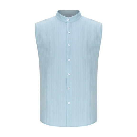 USNSM Mens Sleeveless Stand-up Collar Regular Casual Tank Top Summer Shirts Beach Button Up Textured Tank Shirt for Vacation Blue L