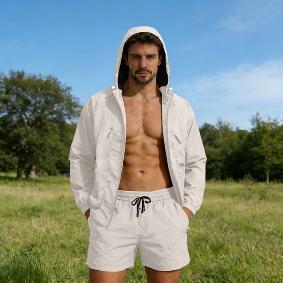 Ceisia Men's 2 Piece Hooded Jacket and Shorts Set Sun Protection Quick Dry Ice Silk Feel Athletic Tracksuit Gifts for Father
