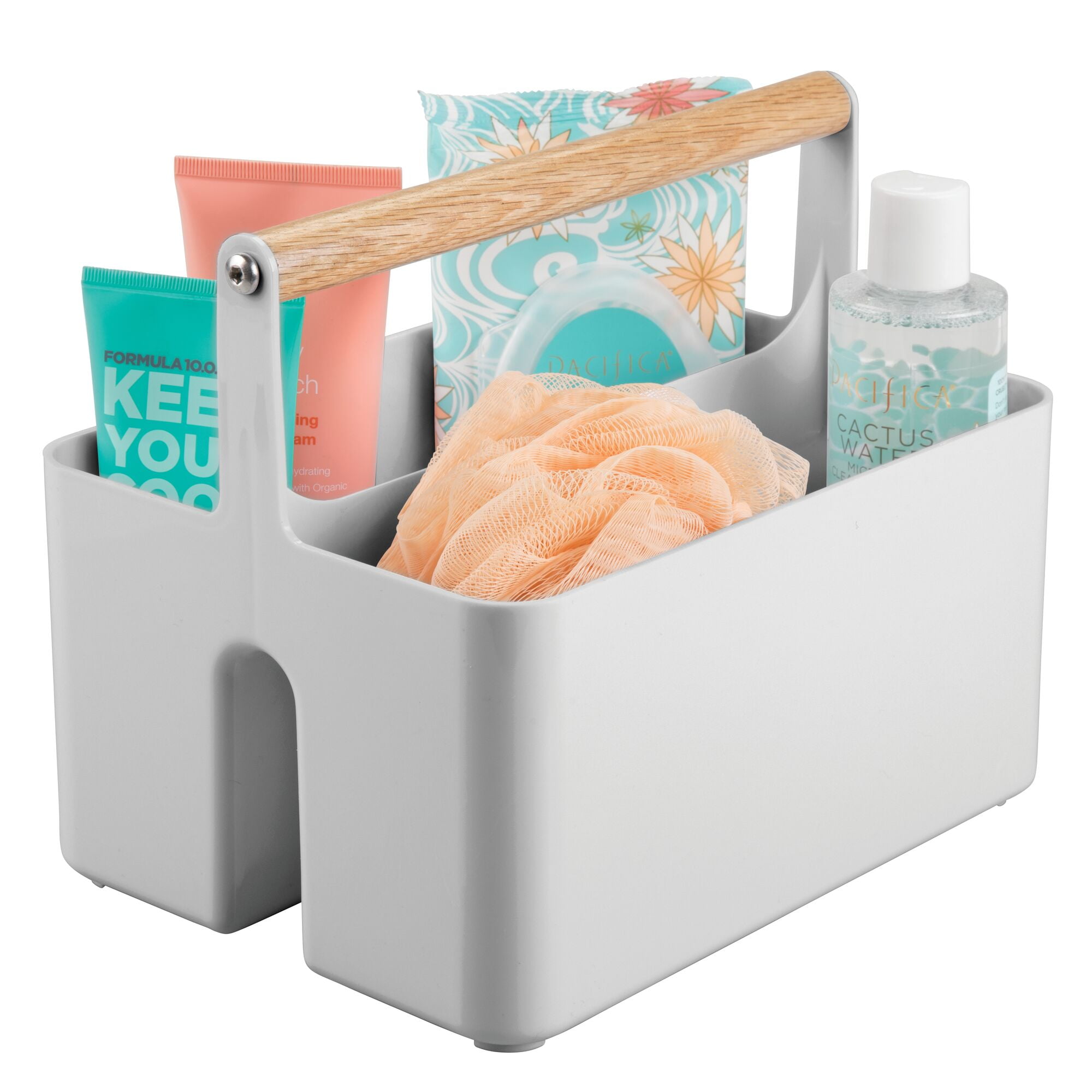 mDesign Plastic Divided Cosmetic Organizer Caddy Tote Bin with Bamboo  Handle for Bathroom Vanity - Holds Blush, Makeup Brushes, Palettes,  Lipstick