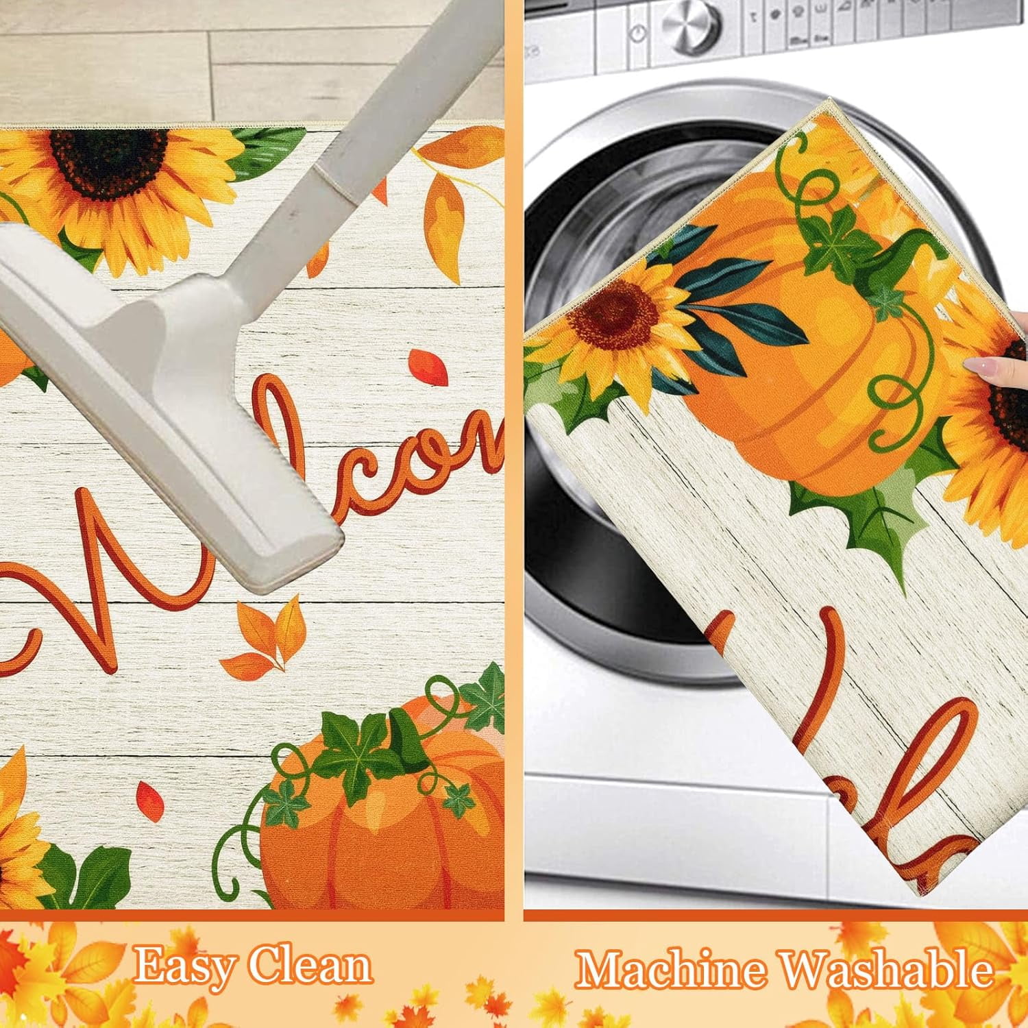 HEBE Fall Door Mat 20"x32" Non Slip Pumpkin Welcome Doormat Buffalo Plaid Doormats for Autumn Harvest Thanksgiving Farmhouse Large Entrance Doormat Low Profile Floor Carpet Mat Washable
