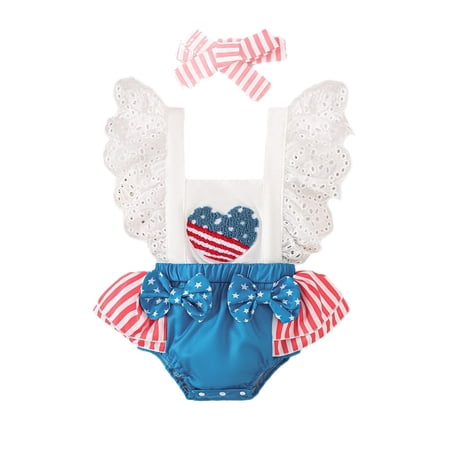 Curuila Kids Infant Girls Jumpsuit With Headbands Flutter Sleeve Square Neck Independence Day Print Fashionable Bodysuits White Size 12-18 Months