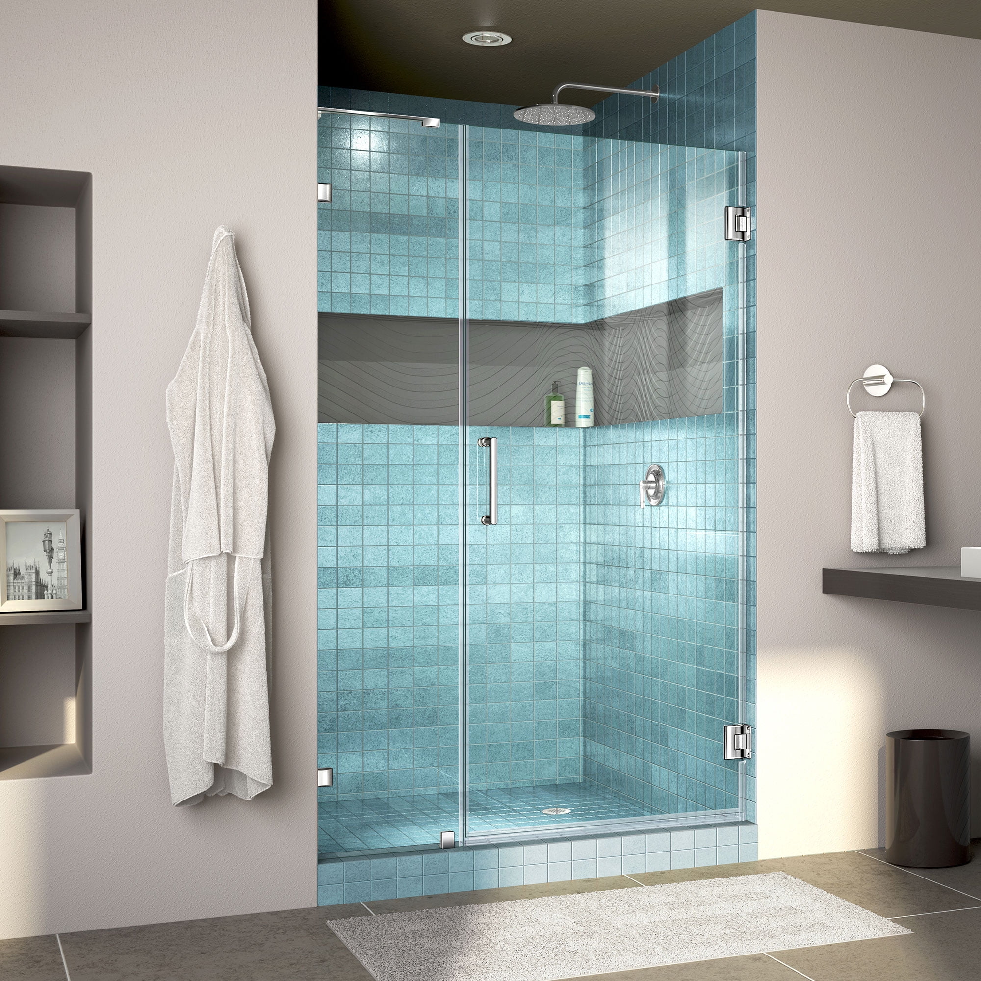 DreamLine Unidoor Lux 44 in. W x 72 in. H Fully Frameless Hinged Shower Door with L-Bar in Chrome