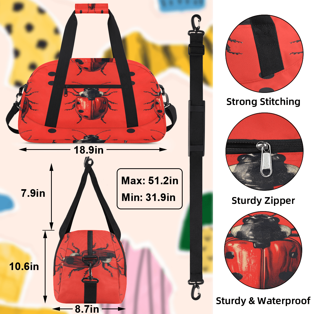 Herdesigns Animal Sports Duffle Bag for Women & Men, Cute Ladybugs Gym Bag Dance Bag Overnight Bag Carry On Weekender Travel Bag