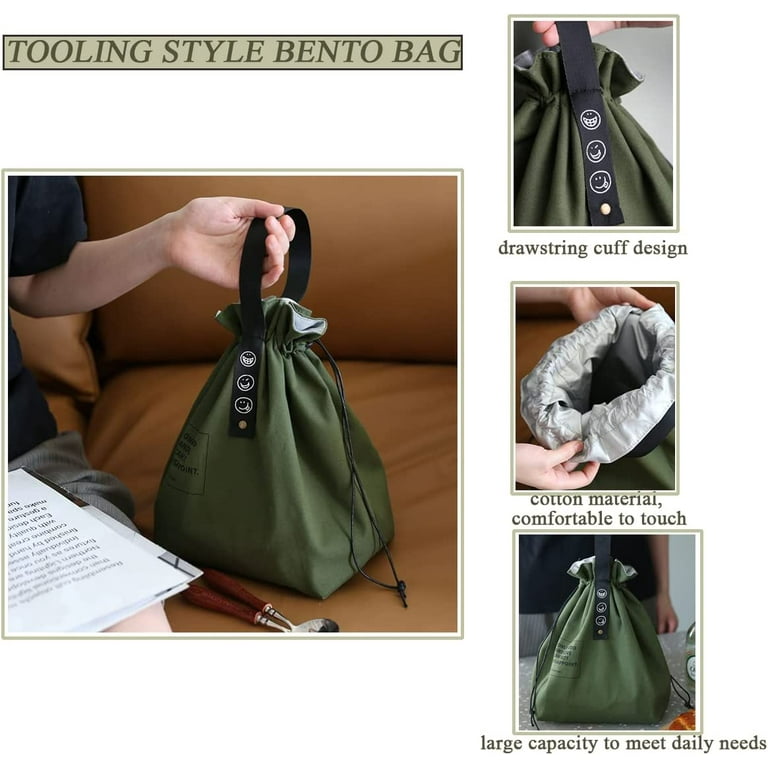 Canvas Drawstring Lunch Bag Insulated Lunch Tote Japanese Style