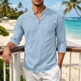 thumbnail image 5 of Awwp Men's Linen Cotton Shirt 3/4 Sleeve Stand Collar Casual Button down Shirts with Pocket Breathable Summer Shirts 8 Colors Available Vacation Beach Shirt Sky Blue Size: 3Xl, 5 of 9