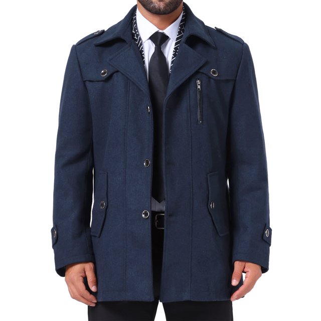 Abrigo de media longitud INSPIRE CHIC para hombre, abrigo de invierno con cremallera de un solo botón, abrigo de negocios con cuello de bufanda, color azul oscuro