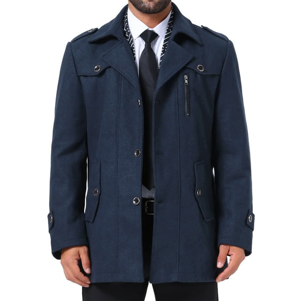 Abrigo de media longitud INSPIRE CHIC para hombre, abrigo de invierno con cremallera de un solo botón, abrigo de negocios con cuello de bufanda, color azul oscuro