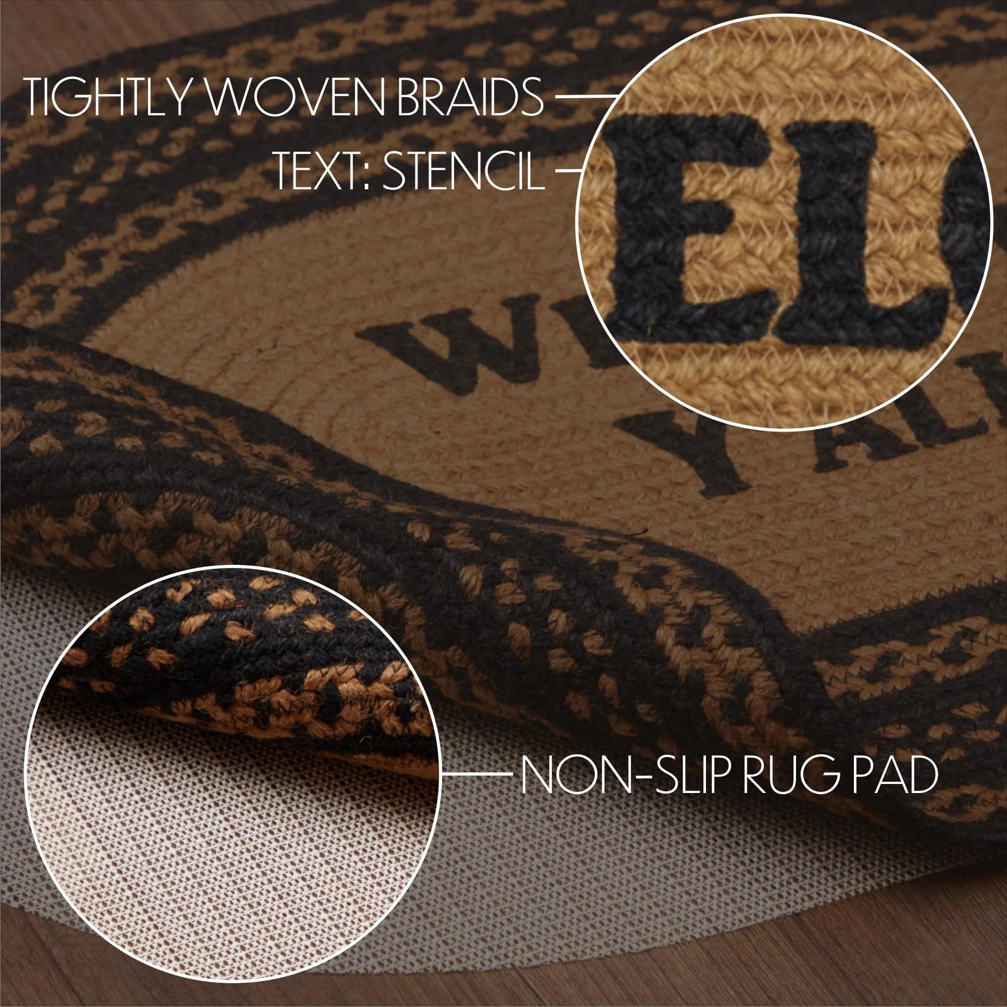 VHC Brands Farmhouse Jute Black Stenciled Accent Rug Oval Welcome Y'all w/ Floor Pad 20"x30"