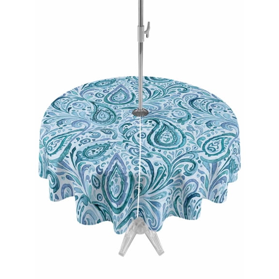 Outdoor Tablecloth with Umbrella Hole and Zipper, Light Blue Teal Round Table Cloth 60 Inch Waterproof Tablecloth, Retro Botanical Abstract Art Picnic Table Cover for Patio Camping