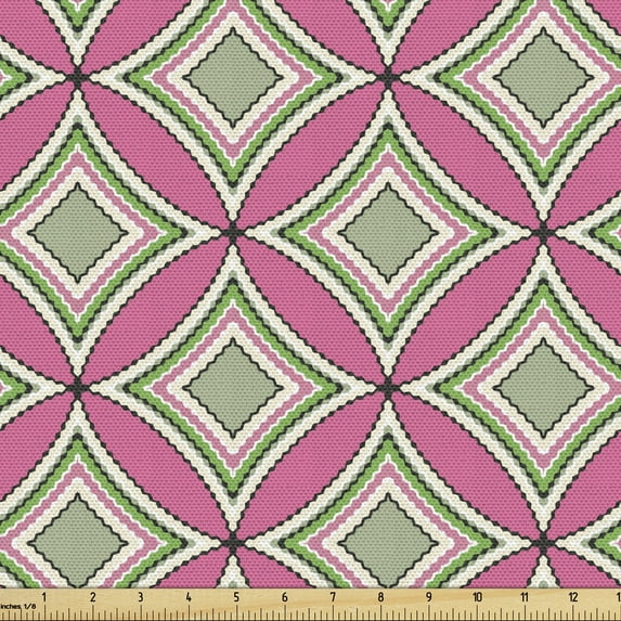 Geometrical Upholstery Fabric by the Yard, Pastel Abstract Oval Lines Along Diamond Stripes Classic Folk Mosaic Style, Decorative Fabric for DIY and Home Accents, Pink Sage Green by Ambesonne