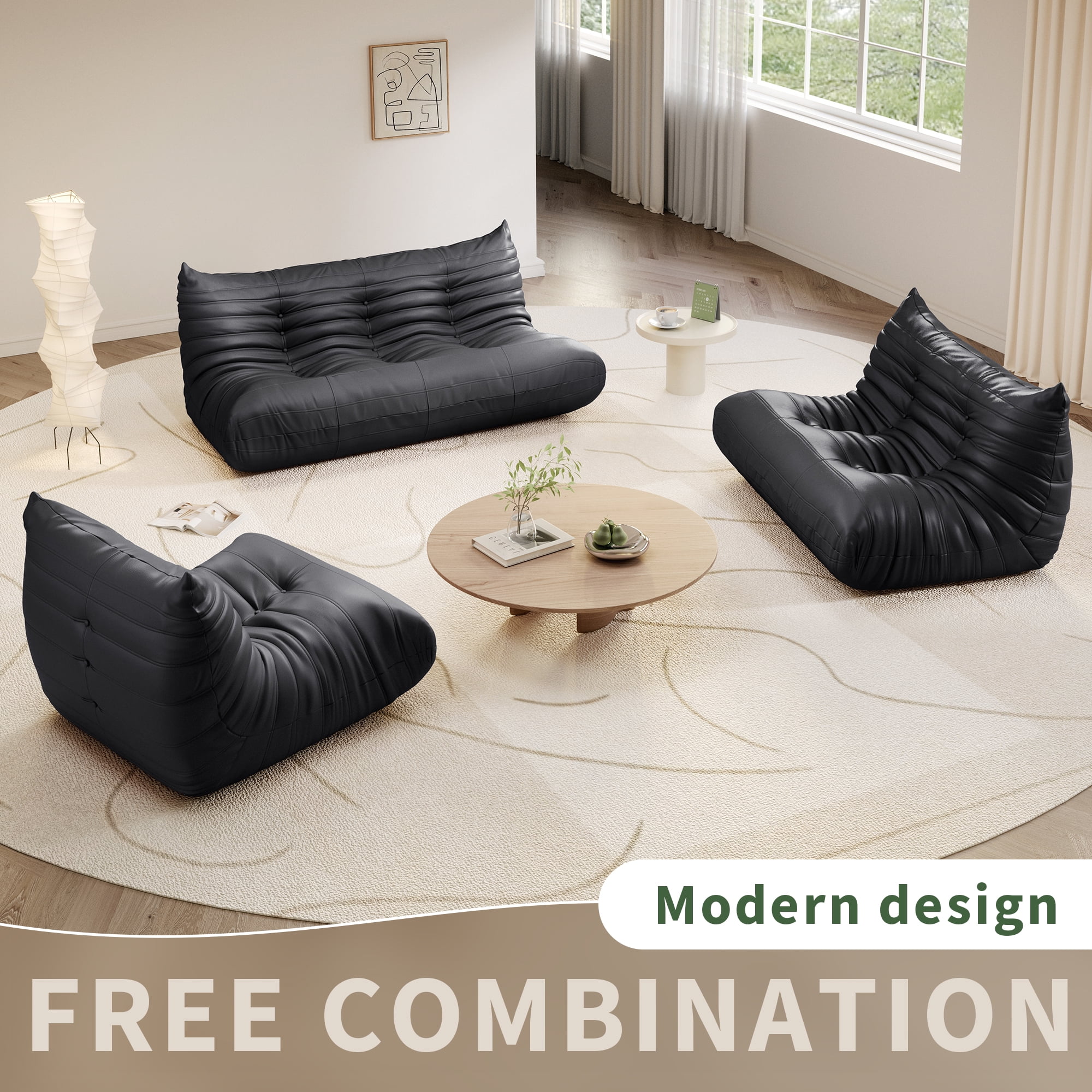 Gtilzria Lazy Sofa, Bean Bag Chair for Adults Floor Couch, 3 Seat Fireside Chair with Ergonomic Design Modern Faux Leather Lounge Chair for Living Room, Bedroom, Black