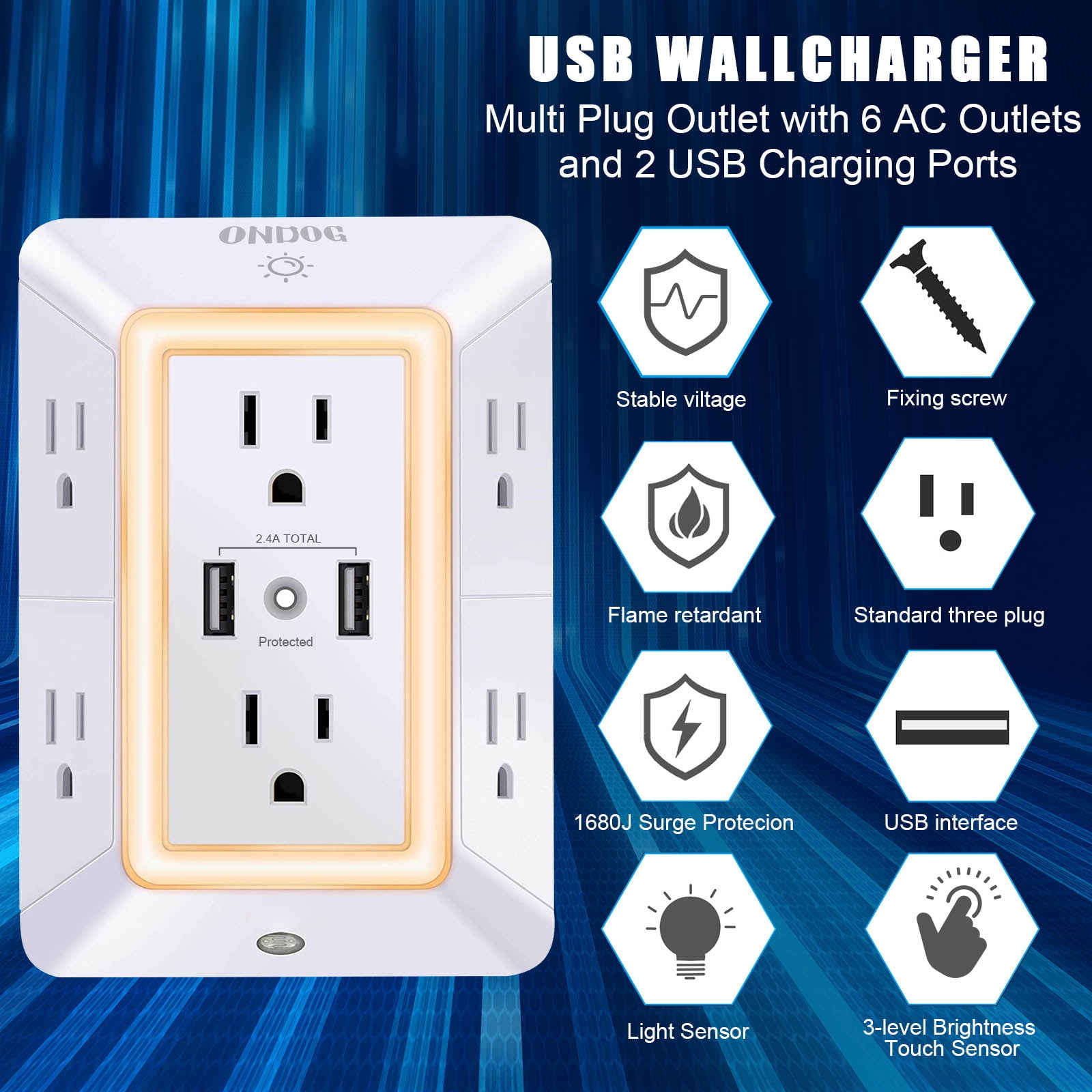 ONDOG 3 Sided Outlet Extender 6 Outlets with 2 USB Ports, Multi Plug Outlet Splitter for Home, Office