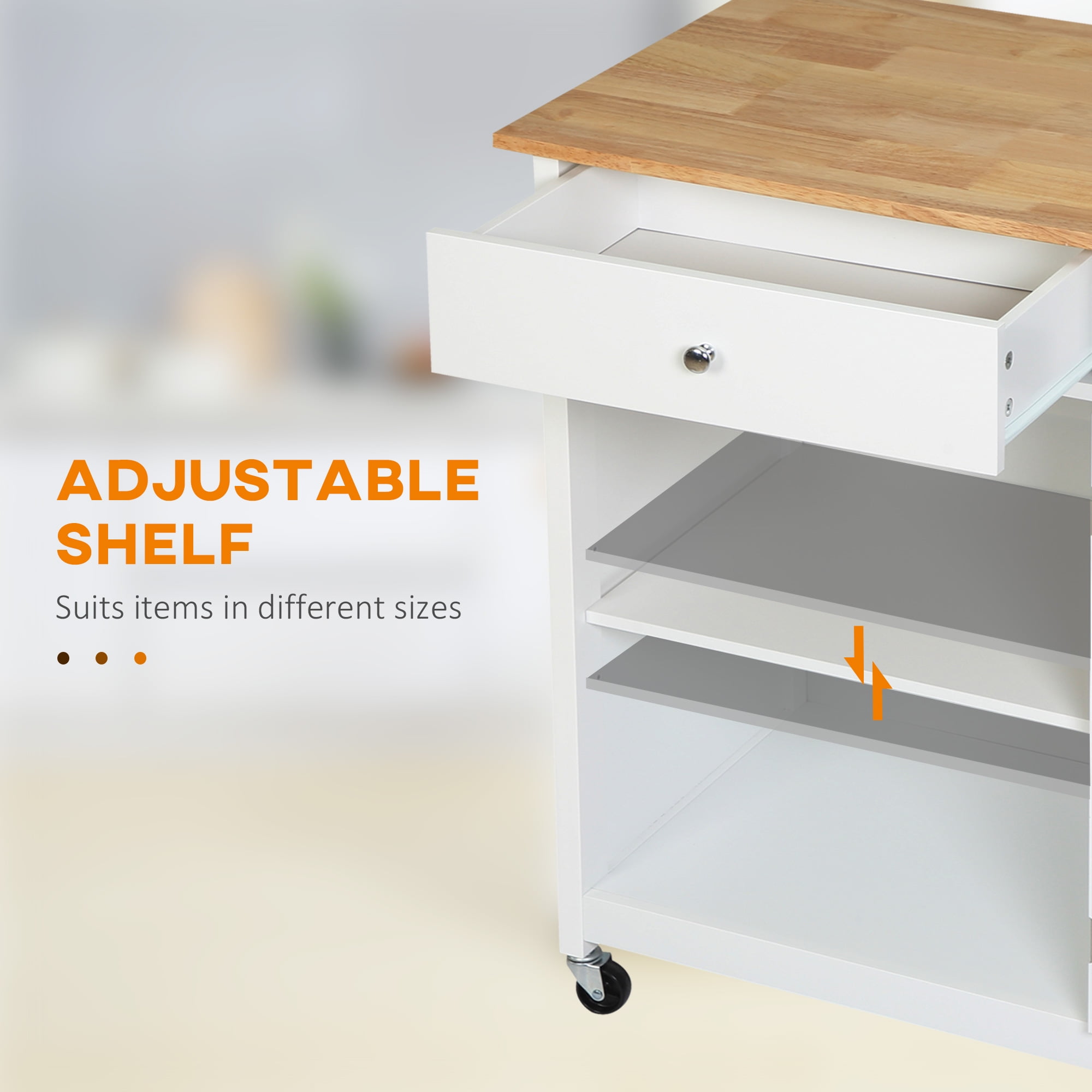 Knubmt Wood Top Kitchen Island with Drawer and Glass Door Cabinet, Rolling Kitchen Cart with Shelf and Towel Rack, White