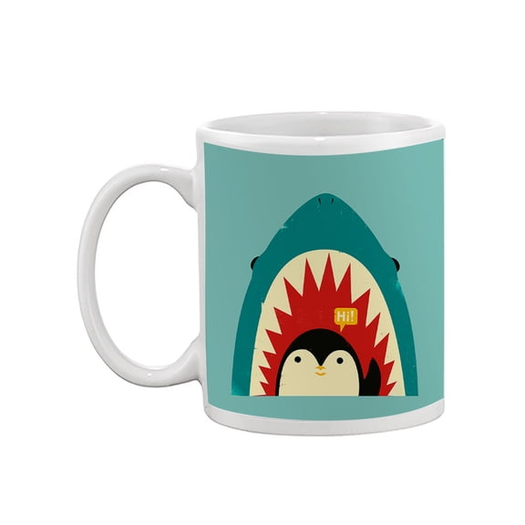 Image Conscious Penguin And Shark Greeting Mug - Jay Fleck Designs, 11 fl oz Ceramic Mug