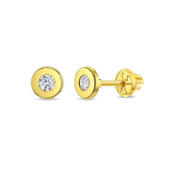 14k Gold Round Bezel 3mm Kids / Children's / Girls Earrings Safety Screw Back