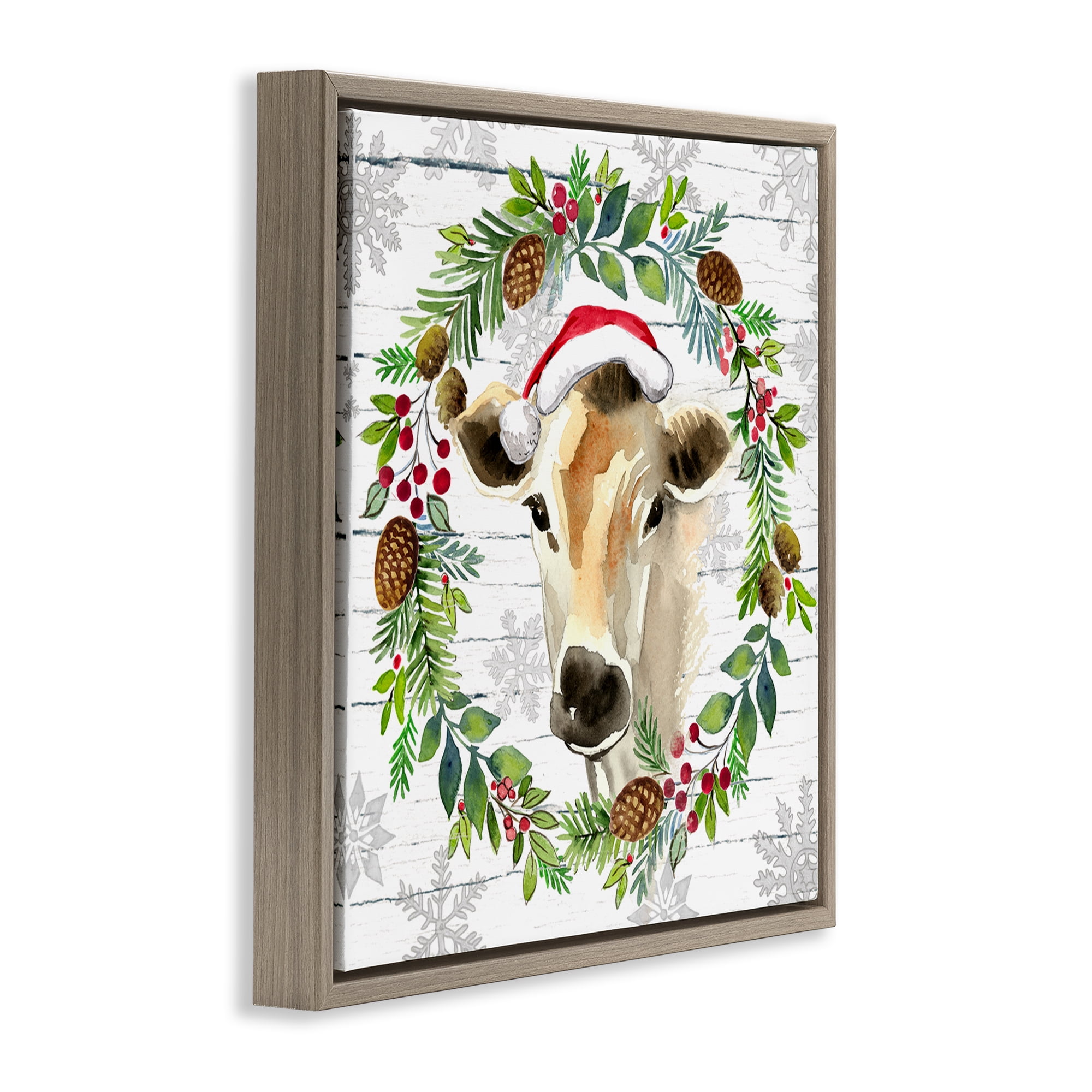 Stupell Industries Winter Farmhouse Cow Wreath Holiday Painting Brown Floater Framed Canvas Art Print Wall Art, 25 x 25
