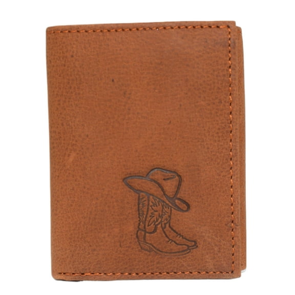 MARSHAL Western Mens Leather Trifold Wallet  RFID Blocking Cowhide Leather Wallet with Cowboy Hat & Boots Debossed Design  Slim Durable Western Wallet