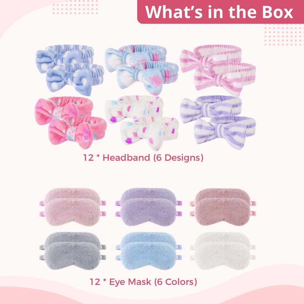 Sleepover Party Eye Mask Headband, 24 PCS Eye Mask and Headband, Sleepover Party Favors for Teenagers Women, SPA Party Soft Plush Sleep Eye Cover, Elastic Bow Hair Band