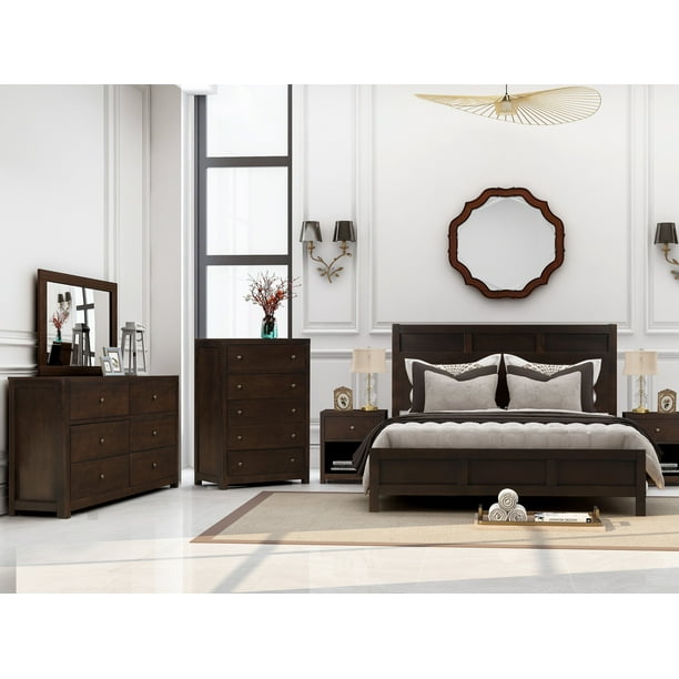Classic Rich Brown Finish Wood Bedroom Sets 6 Pieces Bedroom Furniture Sets With Queen Size Bed 2 Nightstand Dresser Mirror And Chest Solid Wood Bed Room Set 6 Pcs Set Walmart Com Walmart Com