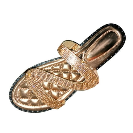 

iOPQO Women s sandals Summer Women Rhinestone Slip-On Open Toe Flat Breathable Sandals Beach Shoes Roman Style Flat Slip-On Gold 42
