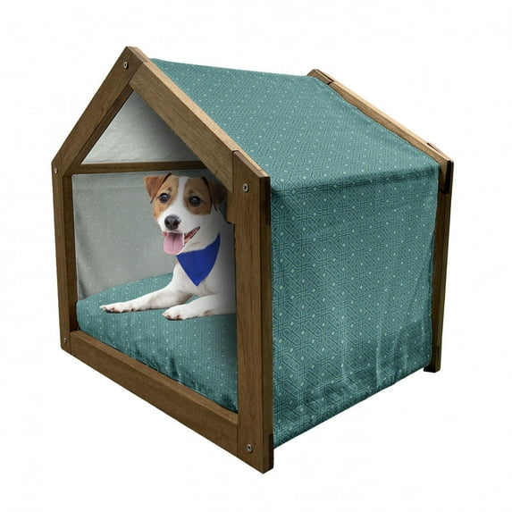 Geometric Pet House, Eastern Style Interlaced Moroccan Style Ornament Image, Outdoor & Indoor Portable Dog Kennel with Pillow and Cover, 5 Sizes, Night Blue Sea Green, by Ambesonne