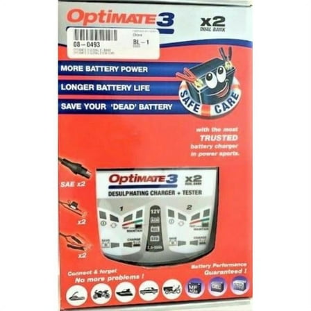 Tecmate  Optimate 3 x 2 in. Bank, 2-Bank x 7-Step 12V & 0.8A Battery Saving Charger-Tester-Maintainer