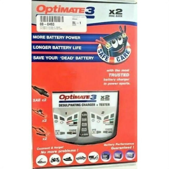 Tecmate  Optimate 3 x 2 in. Bank, 2-Bank x 7-Step 12V & 0.8A Battery Saving Charger-Tester-Maintainer