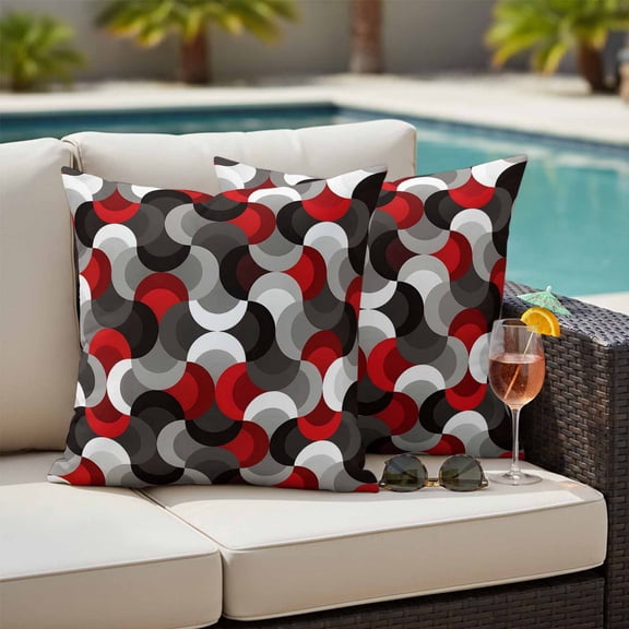 Red Black Wavy Outdoor Waterproof Throw Pillow Covers Set of 2, 20"x20", Medieval Abstract White Grey Red Black Texture Decorative Pillow Covers Outside Cushion Case for Patio Porch Garden