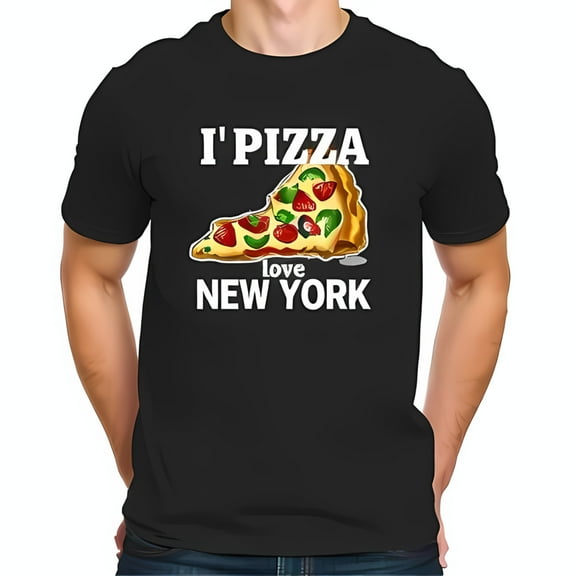 Playful Cotton Short Sleeve T-Shirt with New York-Shaped Pizza & " I'pizza love NEW YORK " Design