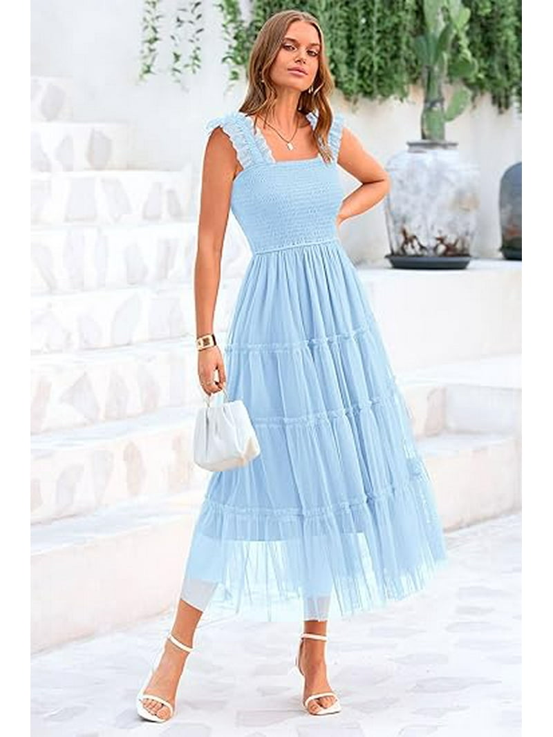Prettygarden Women's Midi Tulle Dress Sleeveless Smocked Square Neck Ruffle Flowy Party Wedding Guest Sundress, Size: Large, Blue Prettygarden Women's Midi Tulle Dress Sleeveless Smocked Square Neck Ruffle Flowy Party Wedding Guest Sundress, Size: Large, Blue