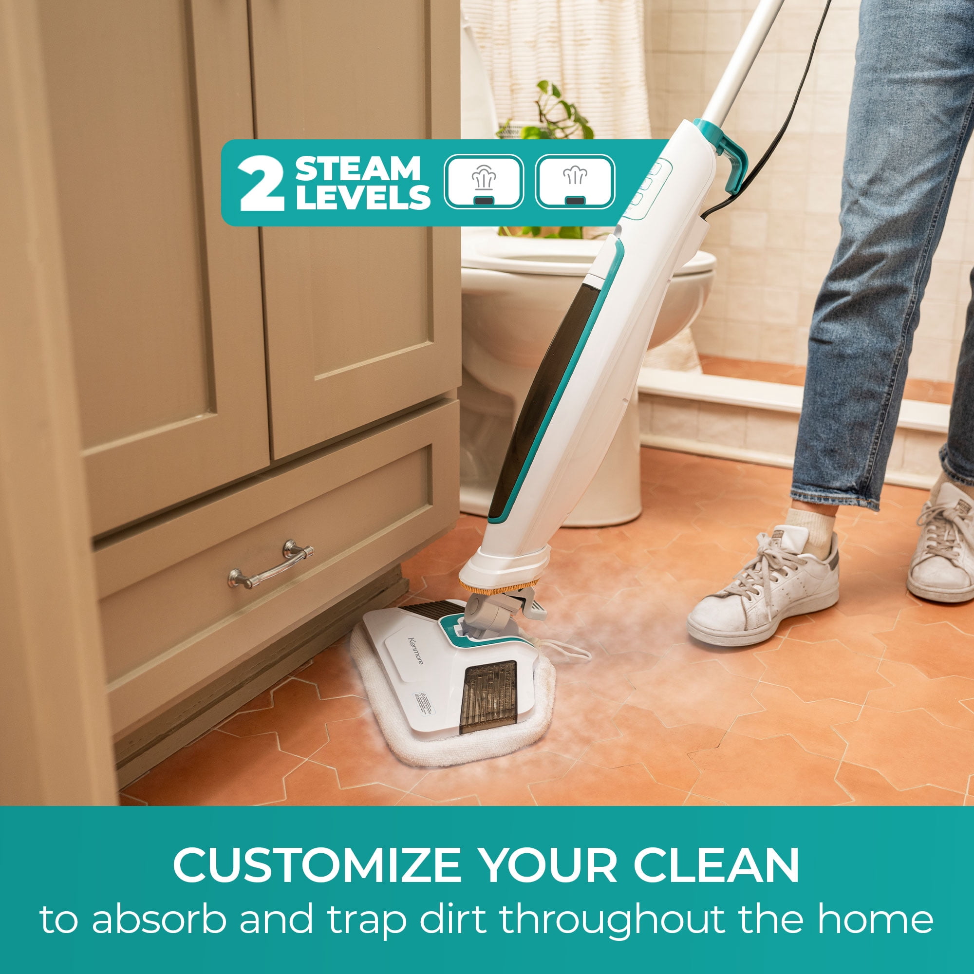 Kenmore S200 Series Steam Mop, Corded, for Hardwoods & Tile, Chemical Free Cleaning, Built-In Scrub Brush, 15 Second Heat Up, SM2060, White with Teal
