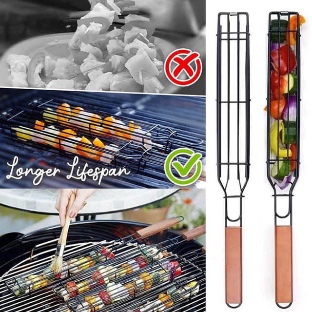 Fiudx Cesta para Parrilla de Barbacoa, Rejilla con Cerradura y Mango de Madera, Acero Inoxidable de Grado Alimenticio, Revestimiento Antiadherente, Herramienta Portátil para Carne, Verduras y Marisco
