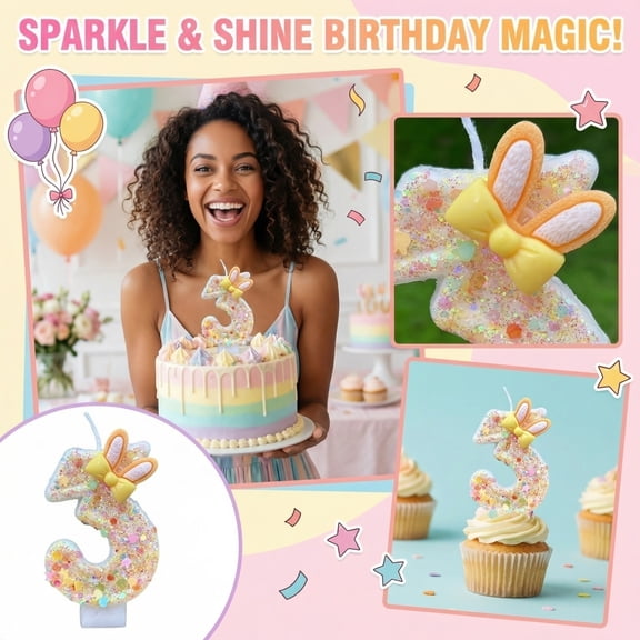 Birthday Number Candle, Cartoon Glitter Bunny Ear, 1 Piece, for Kids Birthday Party Cake Decoration