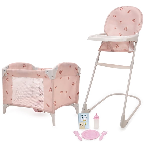 509 Crew: Ballet Flora - Feed N' Care Set - Soft Pink & Flowers, 7pc Play & Feeding Doll Accessories, Highchair & Foldable Play Yard, Roleplay, Kid 3