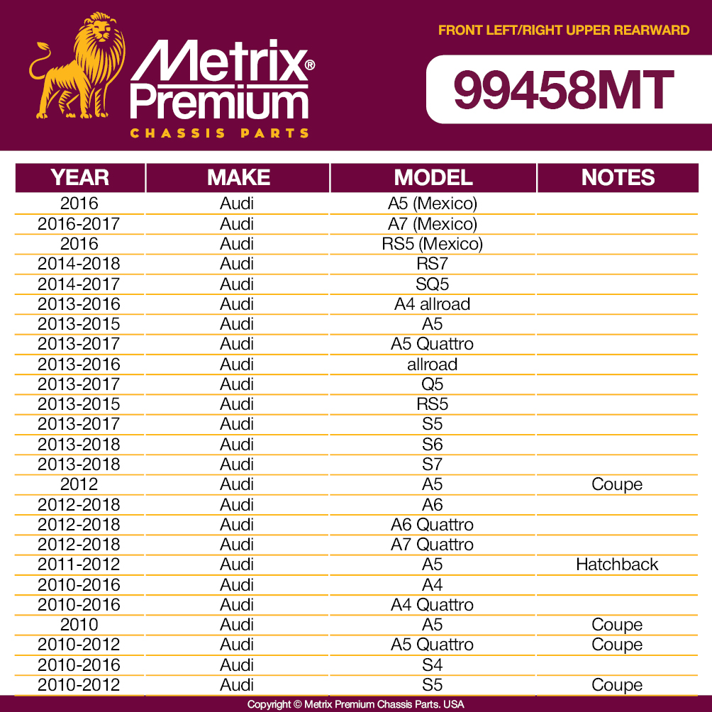 Metrix Premium Chassis Parts - Front Left & Right Upper Rearward Control Arm w Ball Joint & Bushing Assembly Kit Fits 13-15 Audi A5, 13-17 A5 Quattro, 13-16 allroad, 13-17 Q5, RK621123 Made in Europe