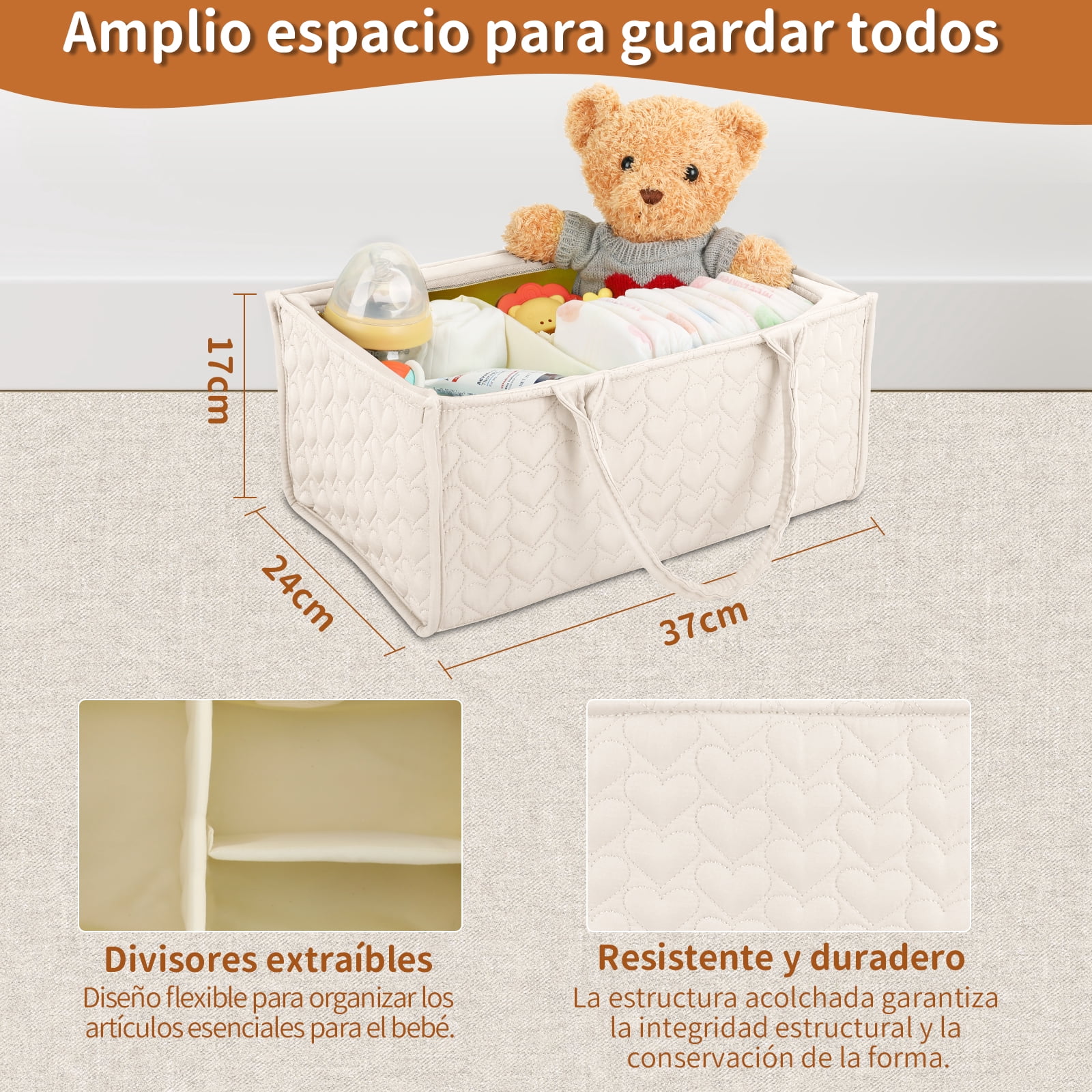Baby Diaper Caddy, Soft Quilted Fabric Nursery Storage Organizer with Dividers & Side Pockets, Foldable Portable Changing Basket, Ideal Baby Shower Gift for Newborn