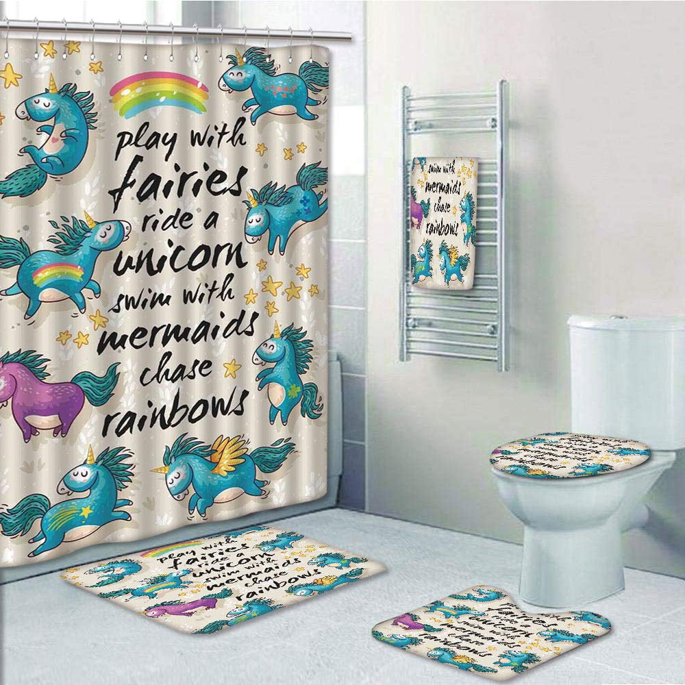 Cartoon Rainbow Unicorn Shower Curtain BathMat Toilet Cover Rug Kid Bathroom Art 