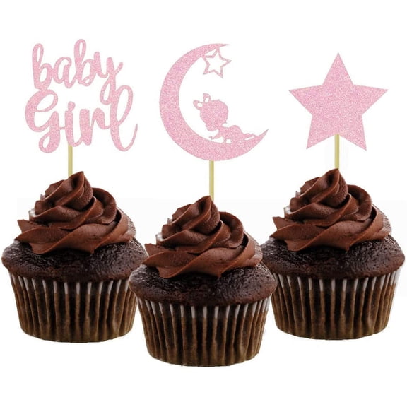 12pcs Pink Glitter Baby Girl Moon Star Cupcake Toppers for Girls Birthday Party Gender Reveal Party Baby Shower Decorations