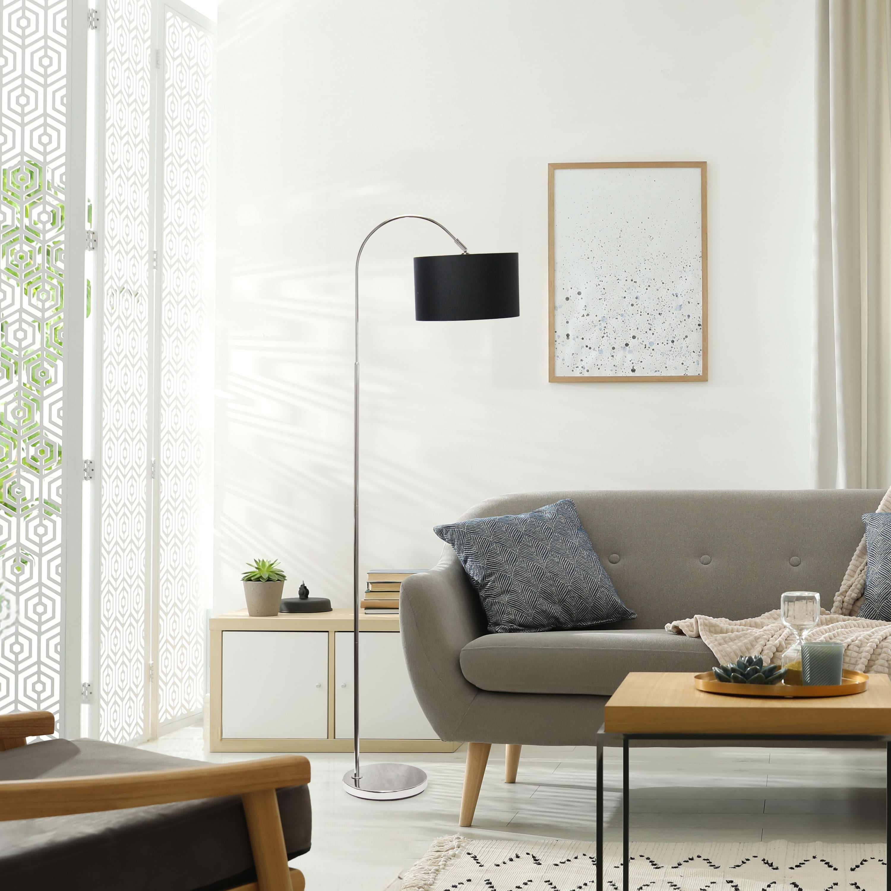 Creekwood Home 66" Modern Arched Brushed Nickel Floor Lamp, Black Shade