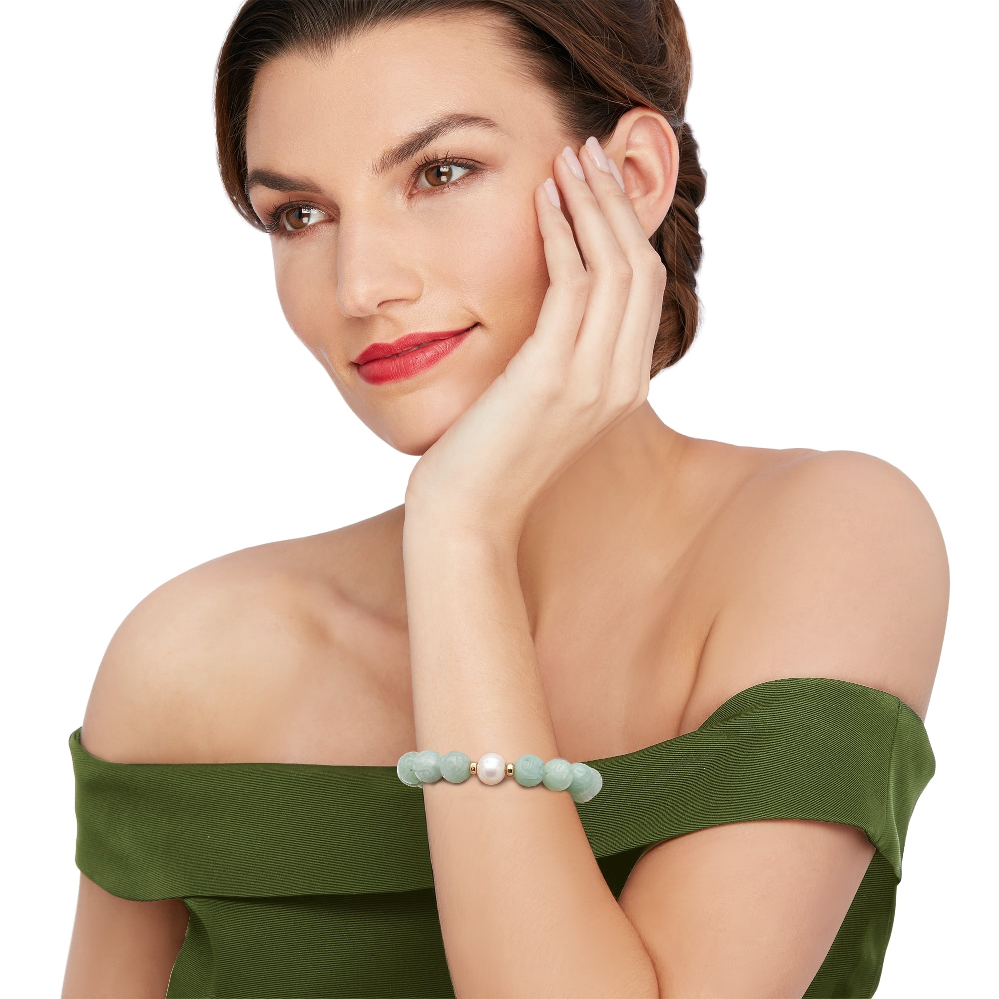 Ross-Simons 11-12mm Cultured Pearl and Carved Jade Chinese "Dragon" Beaded Stretch Bracelet With 14kt Yellow Gold, Women's, Adult