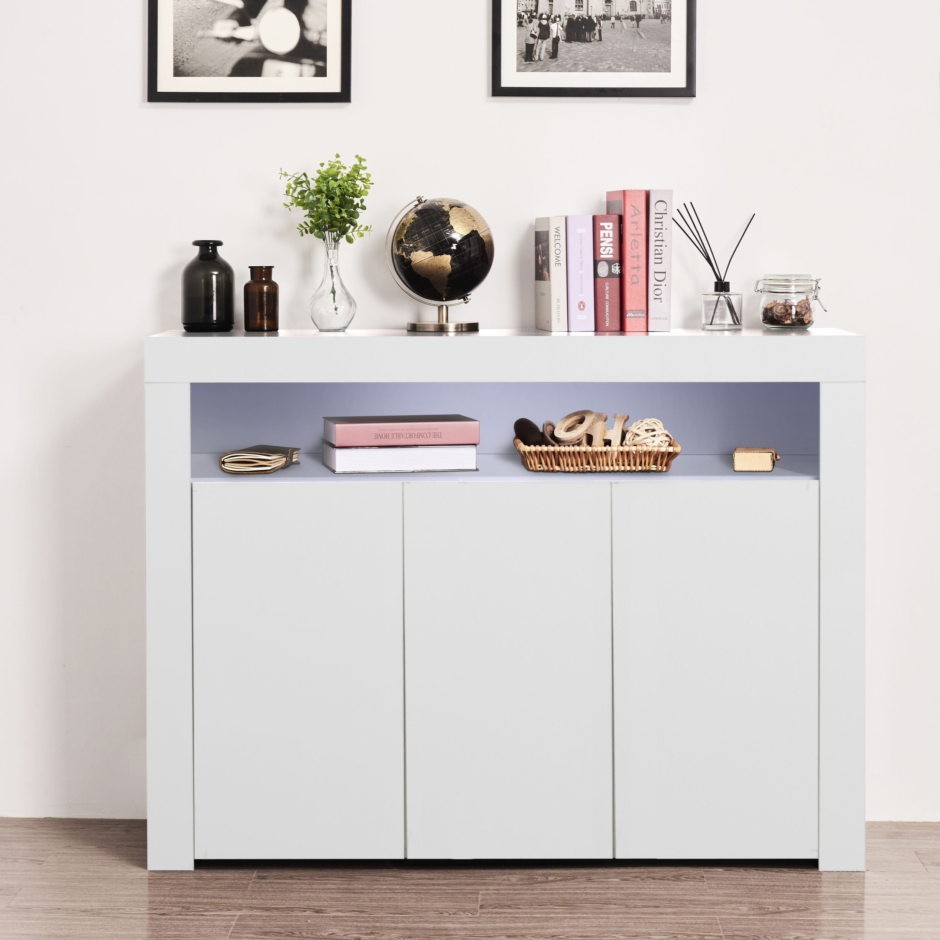 3 Compartments with 4 LED Light Colours for Living Room White White Aynefy Cupboard Sideboard Display Cabinet with 1 Door Kitchen Office 