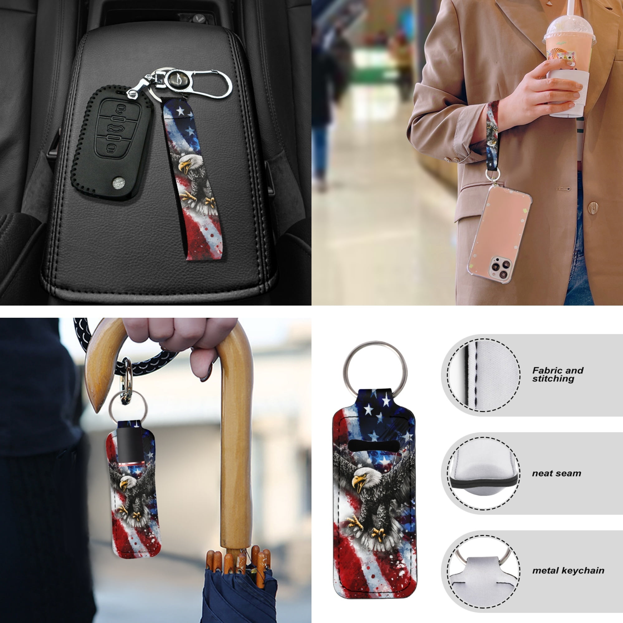 Jeiento Eagle Car Seat Covers Full Set Auto Interior Accessories 13 Pcs American Flag Car Accessories with Steering Wheel Cover, Seat Belt Pads, Armrest Cover, Keychains, Lipstick Holder