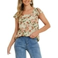 thumbnail image 1 of INSPIRAR CHIC Blusa Floral para Mujeres del Día de San Valentín, Casual de Verano, Cuello Cuadrado, Chiffon, Manga Corta, Camisetas con Volantes XS Beige Rosa, 1 of 6