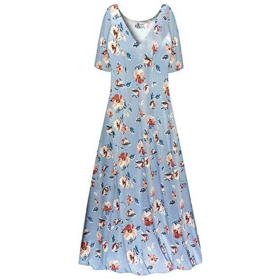 Plus size 7x Womens Dress Blue Fields Designer Print Short Sleeve Low V-Neck Princess Cut