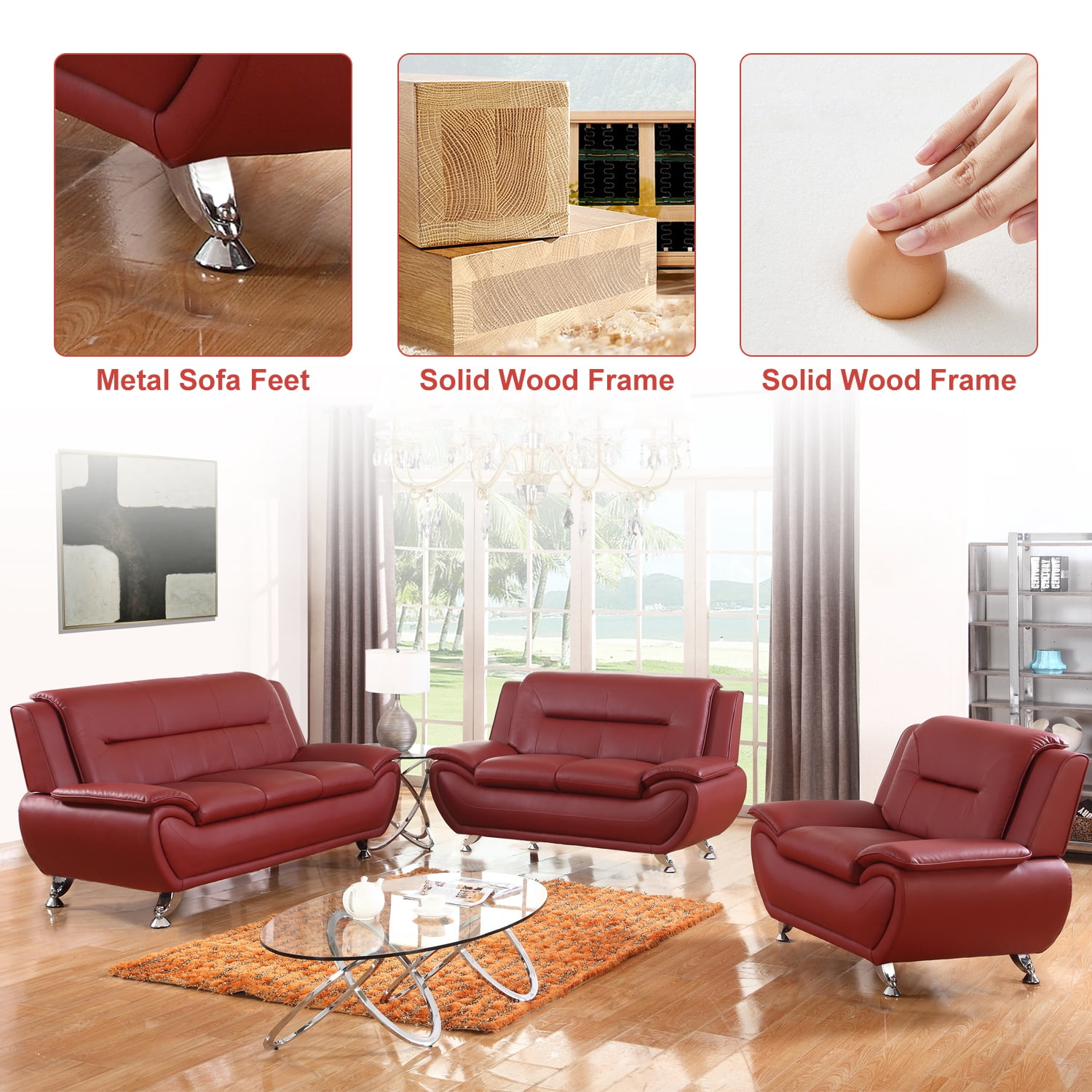 Leather Sofa Chair, Modern Accent Chair Comfy Sofa Couch Curved Armchair for Living Room, Bedroom, Red
