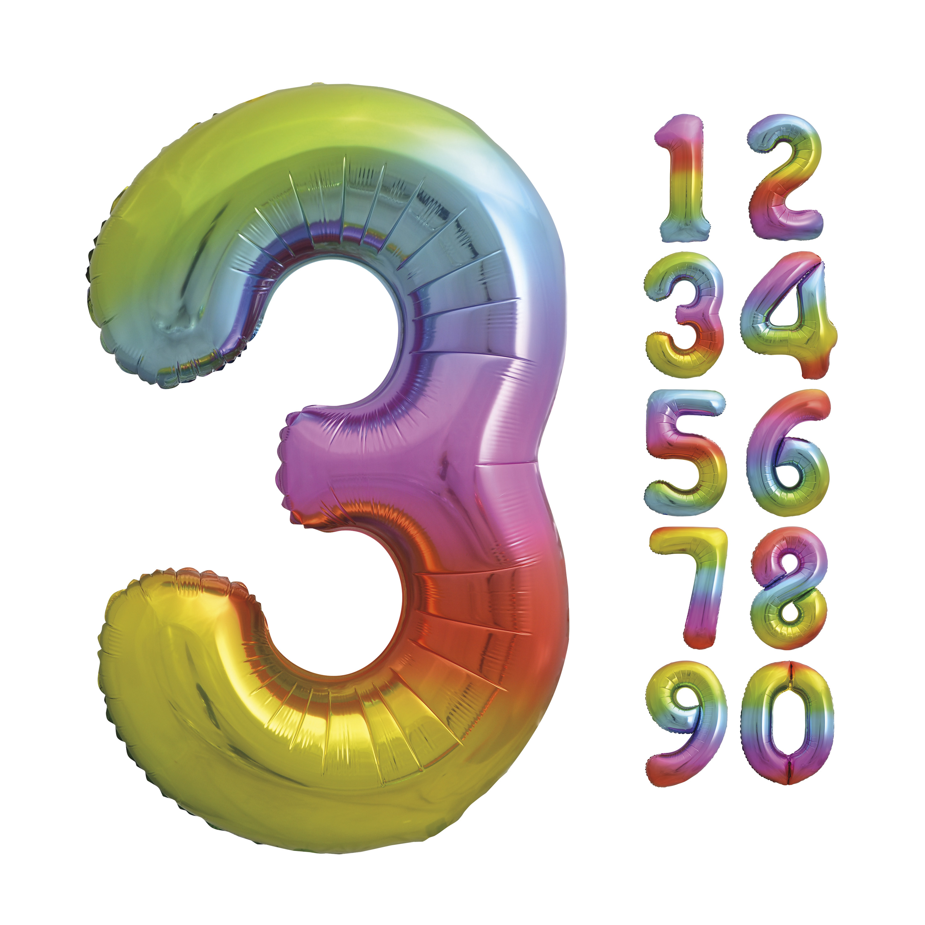 Foil Big Number Balloon, "3", Rainbow, 34in