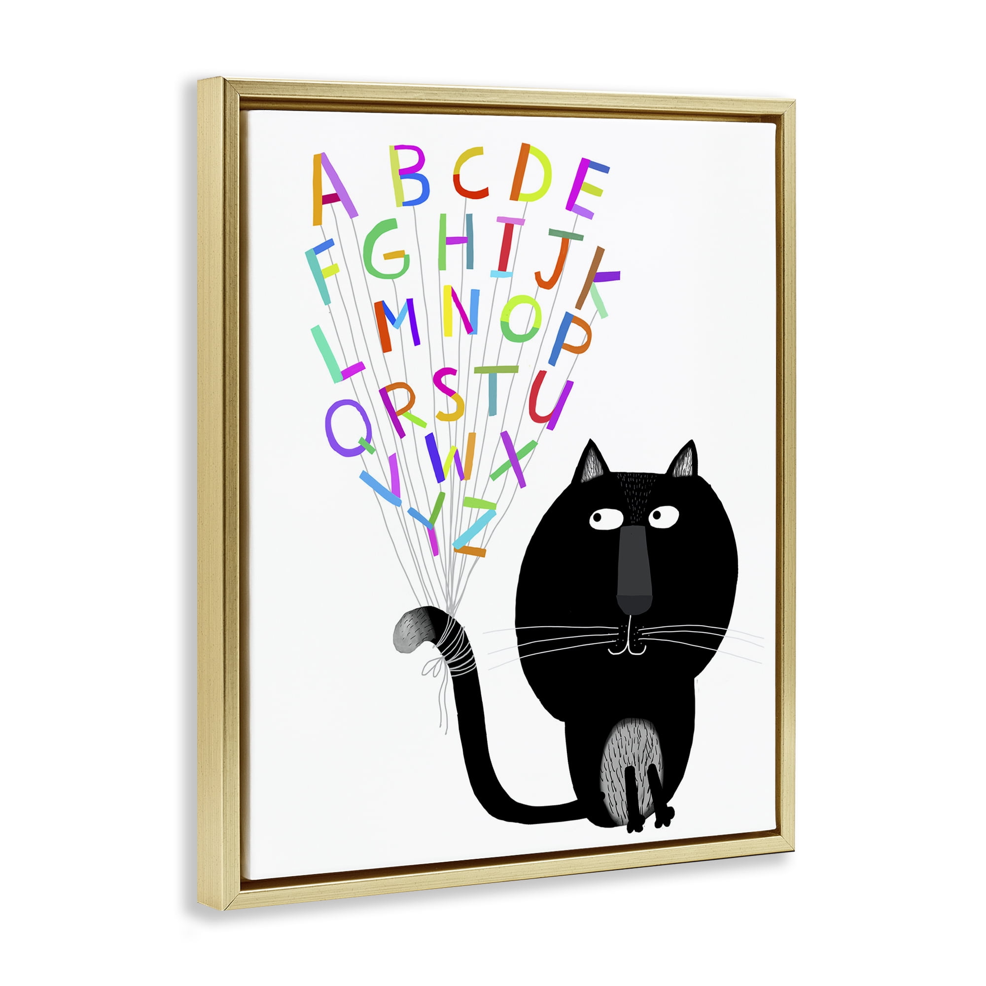 Stupell Industries Cat with Alphabet Animals & Insects Painting Gold Floater Framed Art Print Wall Art, 25 x 31