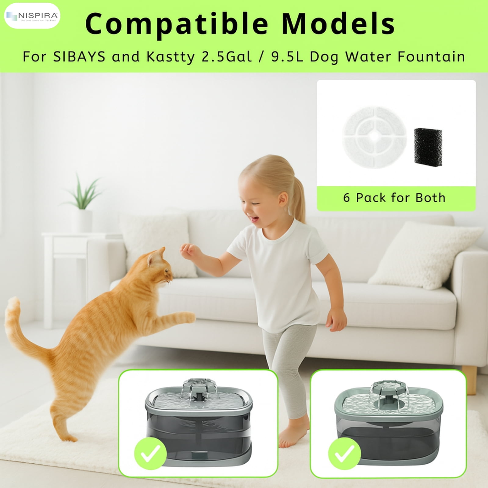 Nispira Cat Water Fountain Filter Replacements for Kastty Sibays 2.5Gal/9.5L Large18CM Dog Water Fountain Dispenser Wireless Pumps Black Sponge, 12 Packs