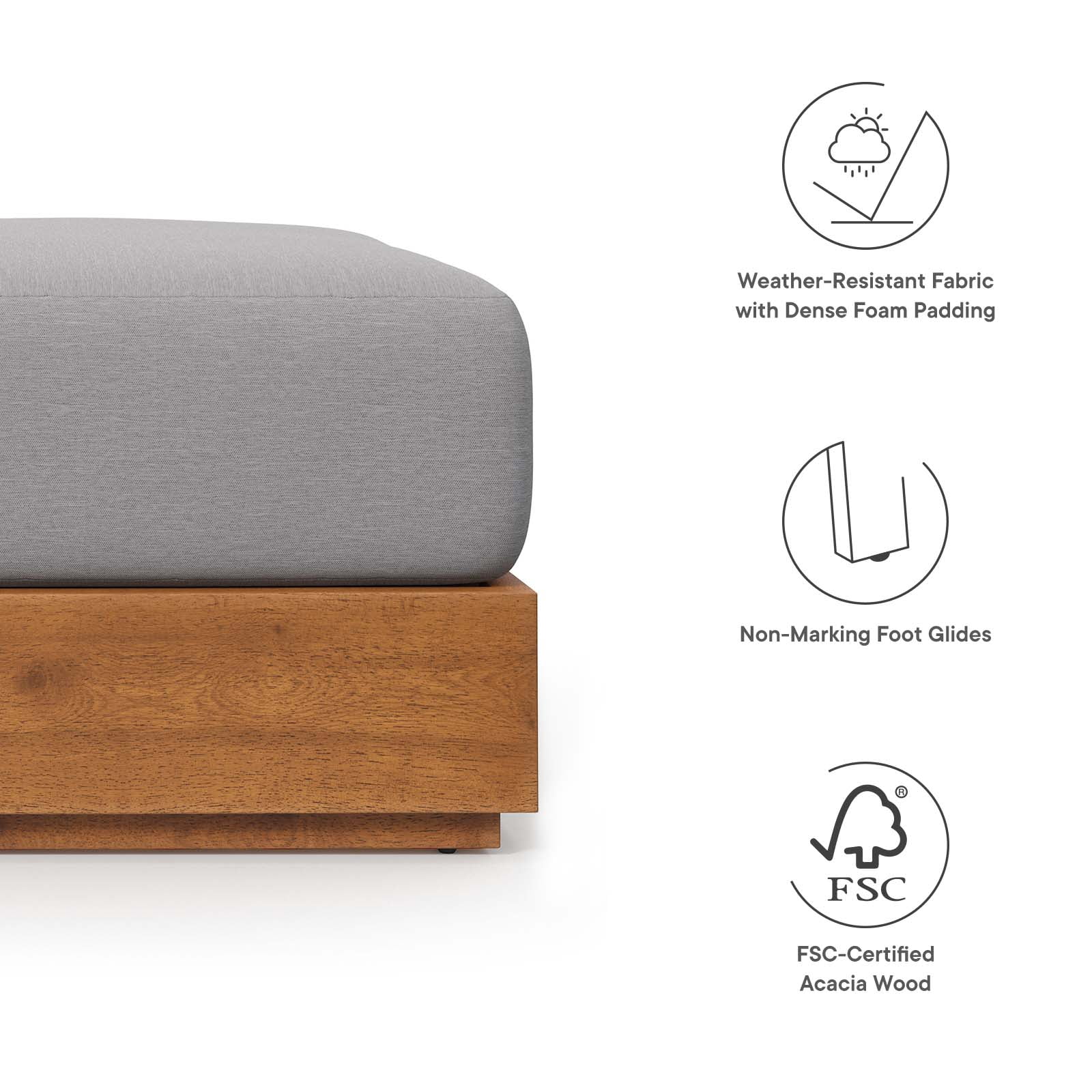 Tahoe Outdoor Patio Acacia Wood Ottoman in Natural Light Gray